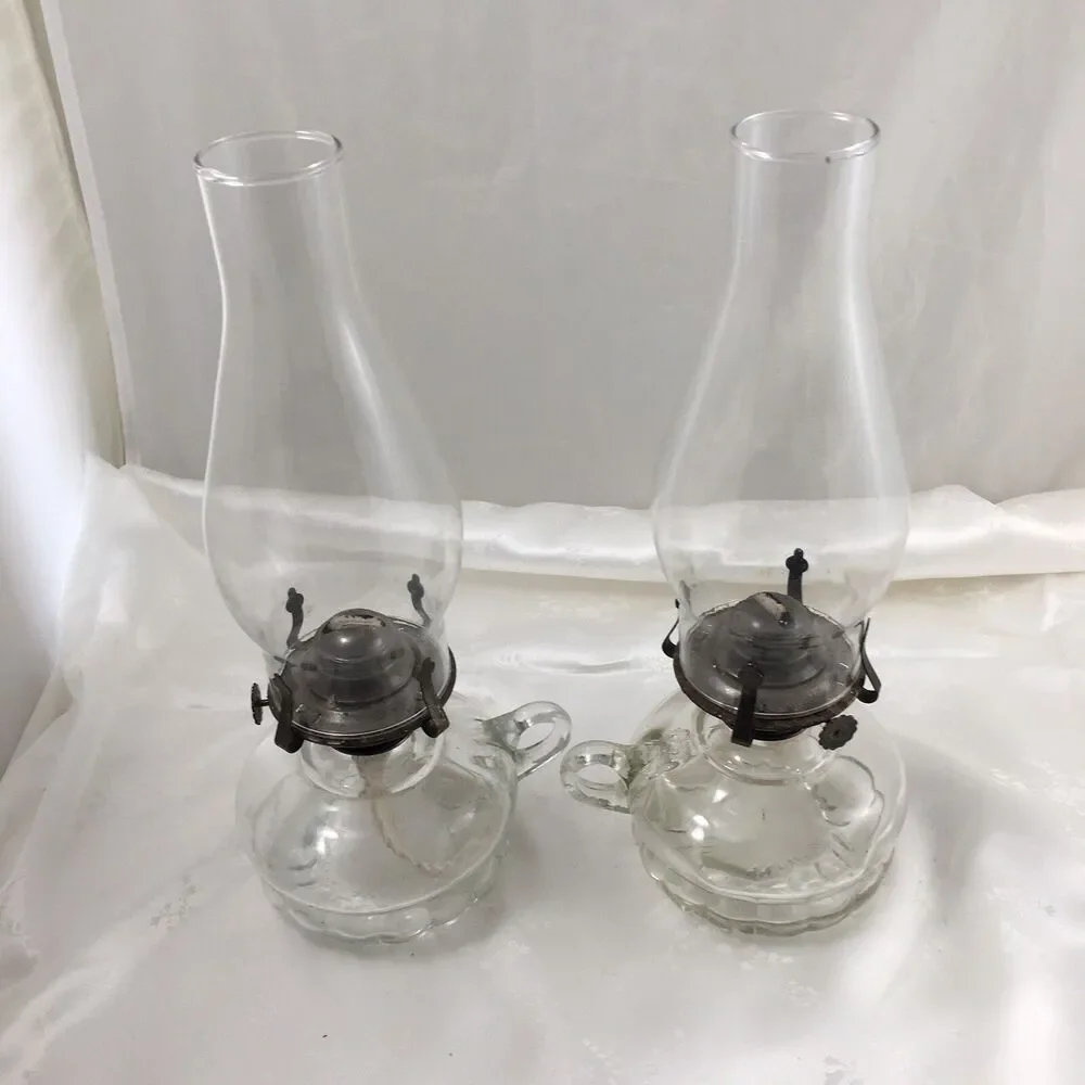 lot of 2 Matching Chamber Glass Oil Lamps Clear Glass with Handle